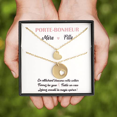 TILOVE Set of 2 necklaces for women with heart-shaped pendant Mother Daughter. 2 personalized pieces of jewelry delivered in a box with a Lucky Charm message. Gift idea for Birthday, Christmas, Mother’s Day celebration.