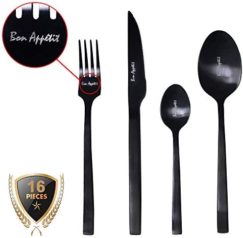 Matte Black Stainless Steel Flatware Set for 4 People. Personalized 16-Piece Tableware Set with ‘Bon Appétit’ Engraving. Presented in a Gift Box