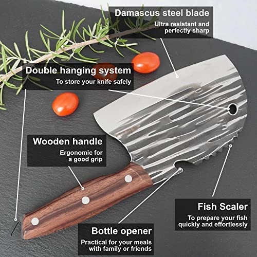 Professional Japanese Kitchen Knife with Damascus Steel and Wooden Handle. Chef’s Knife, Kitchen Cleaver, Butcher Knife with Fish Scaler, Bottle Opener, and Dual Hanging Systems.