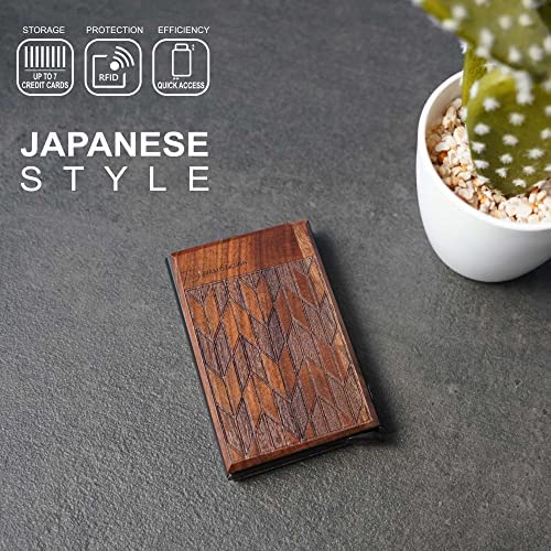 Walnut wood and aluminium credit card holder for credit cards, business cards and cards in 85 x 55 mm format. RFID blocking, Handmade, Gift Idea for Men and Women (Japanese)