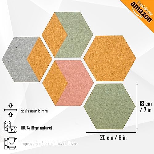 Hexagonal Cork Wall Panel Sticker for Wall Decoration (5pcs). Decorative Cork Board Comes with Push Pins and Clips (12pcs). Genuine Cork Tiles Ideal for Moodboard.