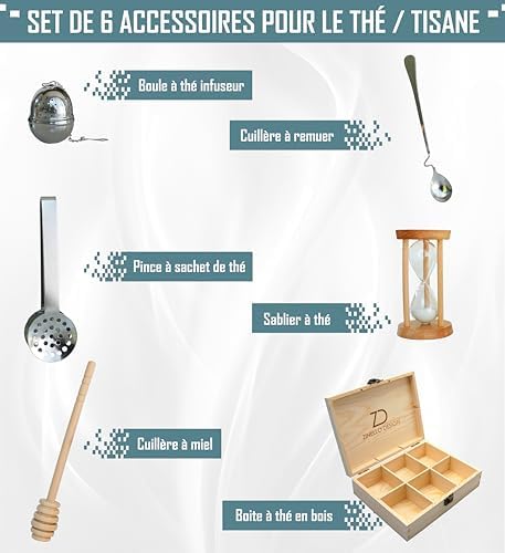 Zinello Design – Wooden Tea Box + Set of Accessories for Herbal Tea, Infusion | Gift Box for Kitchen Storage and Organization | Honey Spoon, Tongs, Tea Ball, Hourglass