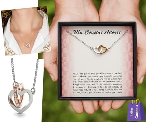 TILOVE Personalized Necklace for Women with Interlocked Hearts Pendant Containing a Message for Your Cousin | Delivered in its Jewelry Box | Gift Idea for Birthday, Christmas, Wedding