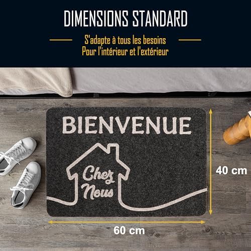 Zinello Design – Personalized Doormat ‘Bienvenue chez Nous’ (Welcome to Our Home) – Gray Black 40×60 cm Indoor Outdoor Entry Mat with Customized Message – Non-Slip, Washable, and Rain-Resistant
