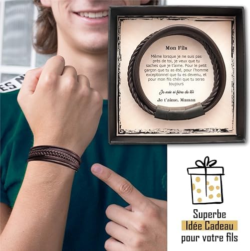 Zinello Design Customized Bracelet for Men in Adjustable Genuine Leather with a Love Message for Your Son. Gift Idea for Birthday, Christmas, Wedding, Men, and Teenage Boy.