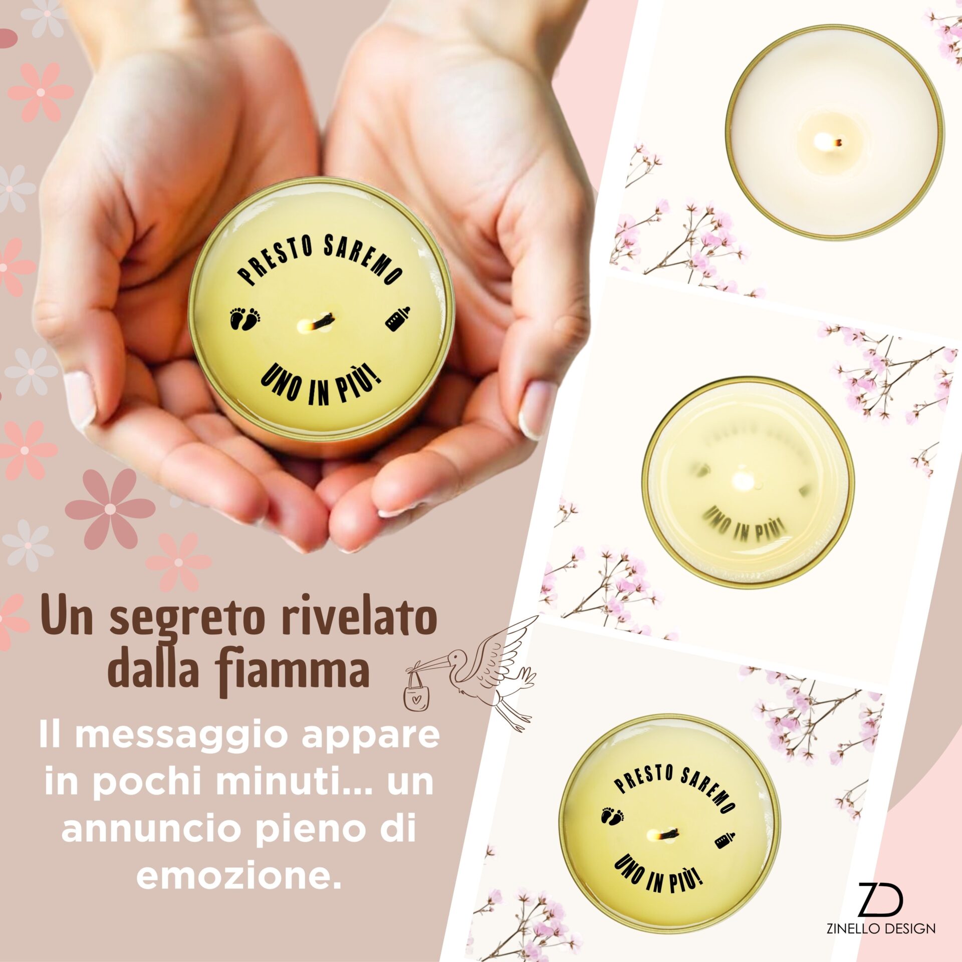 Set of 4 Candles Announcement Pregnancy – Secret Message Revealed by the Flame – Gift for Dad Grandma Grandfather Godmother – Italian Version